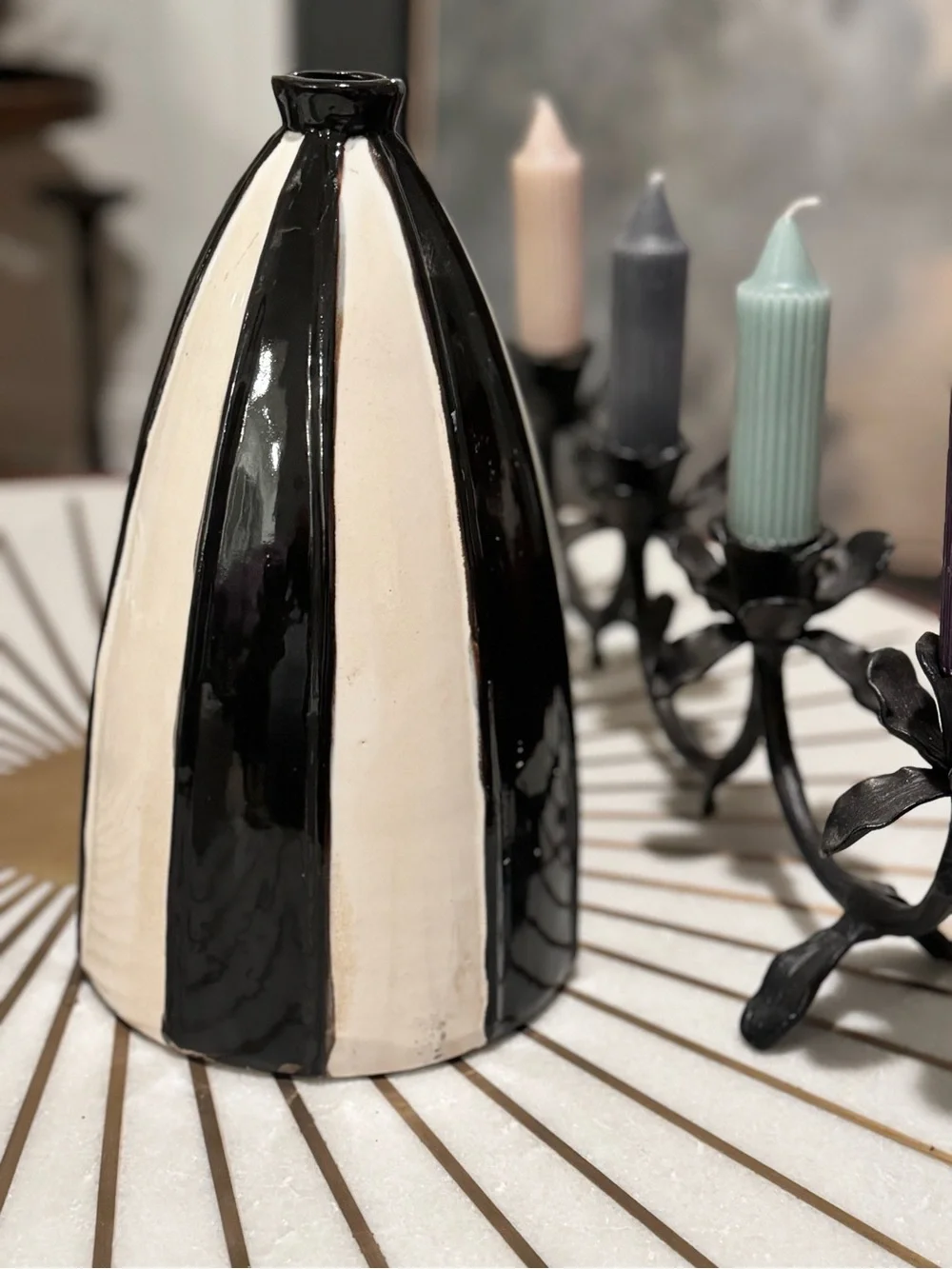 Rare Studio Pottery Vase: Black & White Striped Mid-Century Modern Decor 11.5”